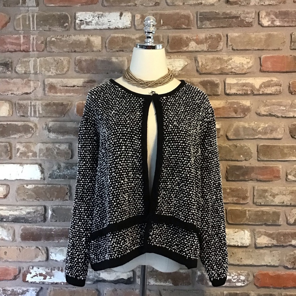 KASPER Women's Chic Black & White Textured Fringe Knit Cardigan Jacket XL - Picture 3 of 8